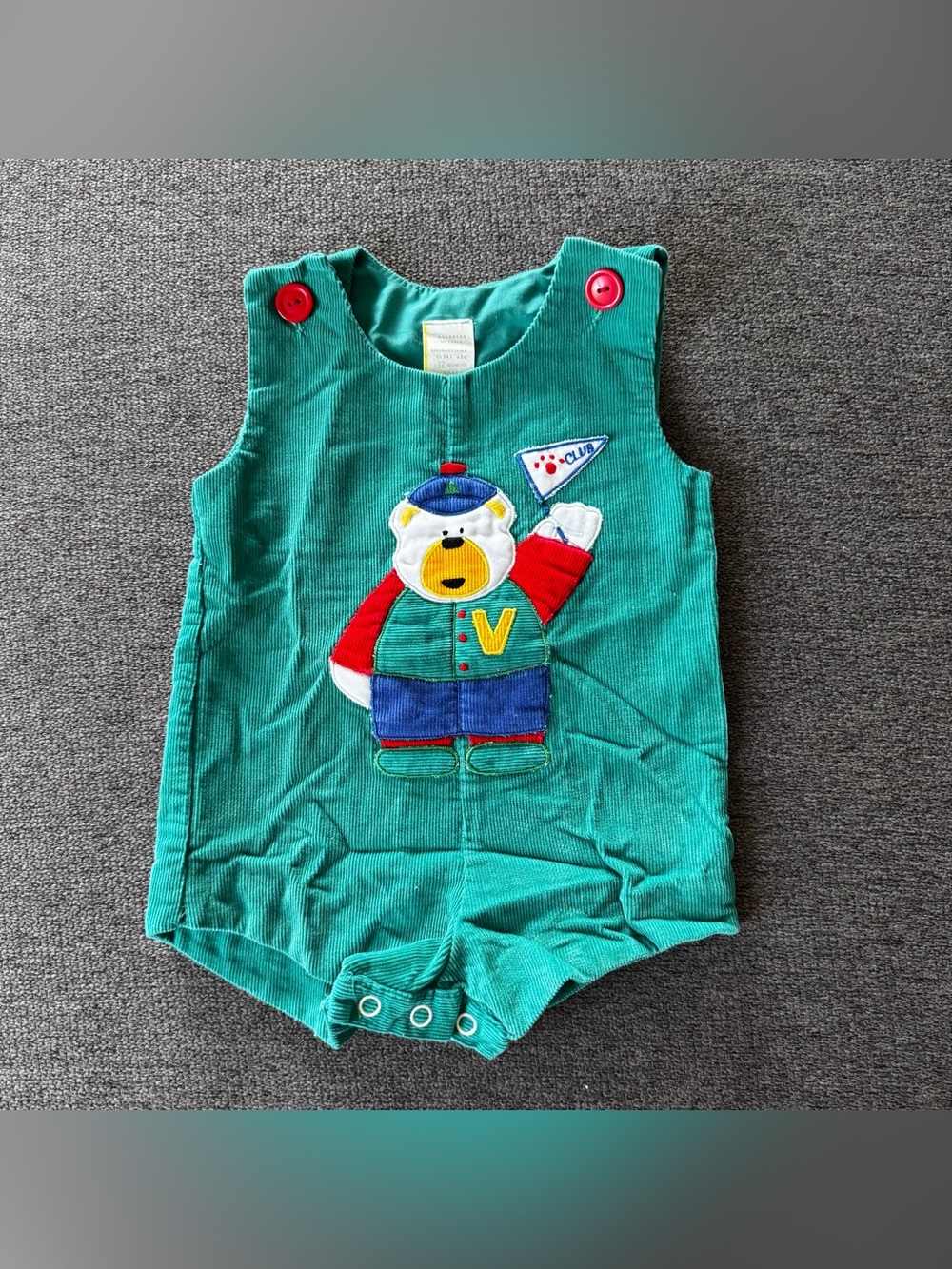 Vtg Baby Boy Green Corduroy Romper shortall Bear Applique Retro Kidcore 12M